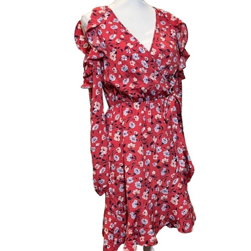 Soprano Floral Wrap Look Cold Shoulder Dress Ruffle Rusty Salmon Small Sleeve